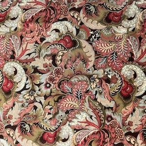 May include: A fabric featuring a dense, repeating pattern of stylized floral and leaf motifs in shades of deep red, olive green, cream, and dark brown. The intricate design consists of swirling organic shapes and layered botanical elements.
