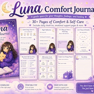 May include: A digital download of a purple Luna Comfort Journal with 30+ pages for self-care. The cover features an illustration of a girl with a star, a lantern, and the text "Luna Comfort Journal". Includes daily check-ins and emotional support.