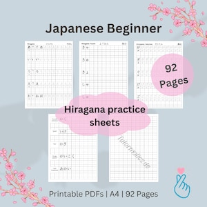 May include: A set of 92 printable Japanese Hiragana practice sheets. The sheets are designed for beginners and feature a grid pattern for practicing writing the characters. The title "Hiragana practice sheets" is written in black text on a pink background.