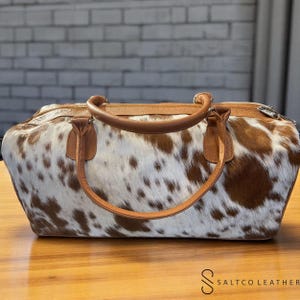 Handmade Cowhide Duffel Bag Hair on Tan color with White Spots
