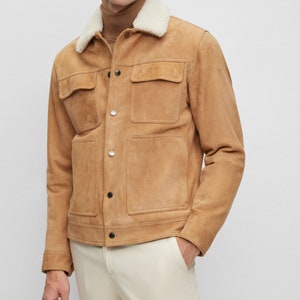 Men's Jacket in Genuine Goat Suede - Classic Shirt Style Leather Jacket with Pockets, Perfect for Casual or Dressy Occasions, Great Gift