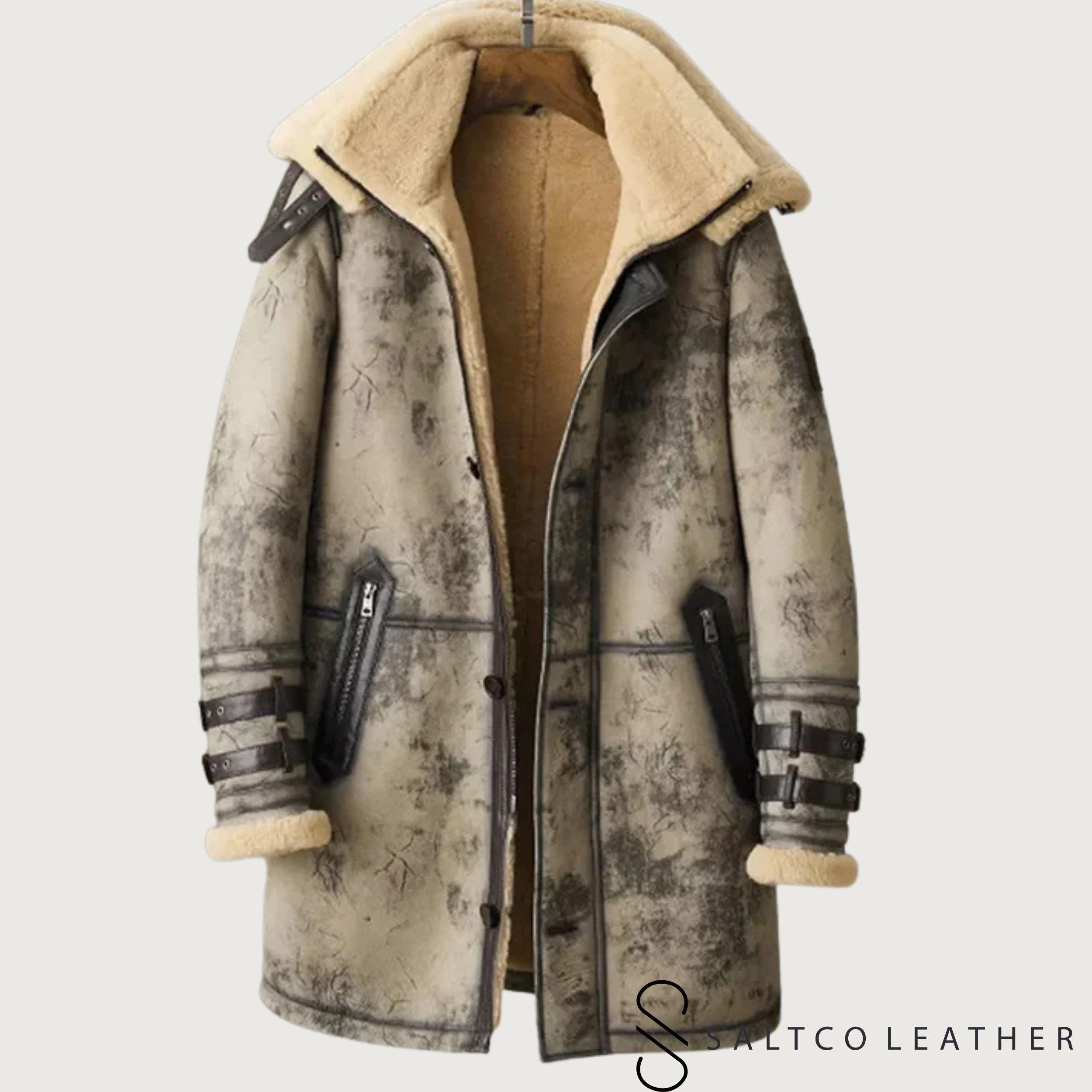 Men's Waxed Sheepskin Shearling Leather Long Coat: RAF Double Collar Jacket