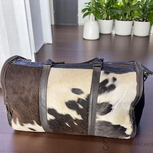 Handmade Leather Duffel Bag with Hair-on Cowhide - Brown and White Spots