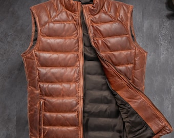 Men's Puffer Vest - Authentic Brown Lambskin Leather, Perfect for Casual or Outdoor Wear, Ideal Gift for Him