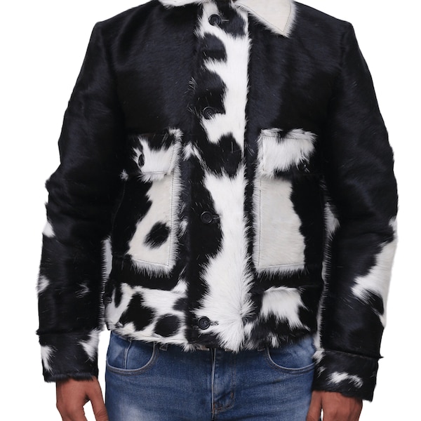 Men's Cowhide Leather Jacket - Western Boho Style with Hair-On Pony Skin Print - Unique Fashion Statement - Perfect Gift for Him