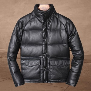 Puffer jacket men's real lambskin leather quilted down jacket