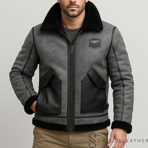 Handmade Men's Real Shearling Aviator Jacket | RAF Pilot Style Winter Coat | Distressed Leather Flight Bomber