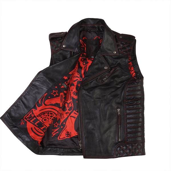 Men's Real Lambskin Leather Vest, Fully Quilted with Red Thread, Stylish Outerwear for Casual or Formal Occasions,