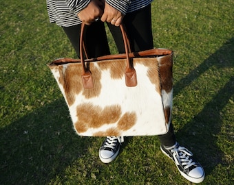 Cowhide Tote Bag: Large Hair-On Leather Western Carryall