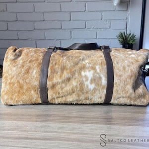 Cowhide Hair on Light Brown Duffel Bag With Belt, Travel bag