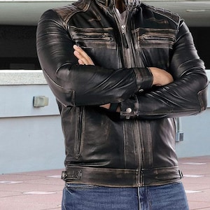 Giacca in pelle nera invecchiata, autentico capospalla in pelle di agnello da uomo, moda urbana elegante, regalo perfetto per lui
