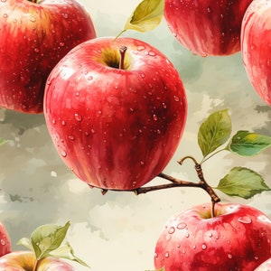 Op de afbeelding: Een close-up van rode appels met waterdruppels op hun oppervlak. De appels zijn in een tros gerangschikt, met wat bladeren zichtbaar op de achtergrond.