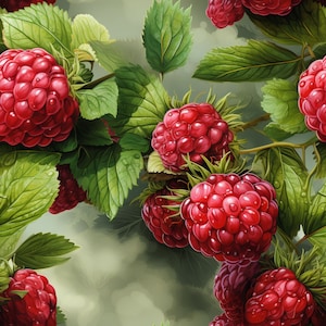 Puede incluir: Primer plano de un racimo de frambuesas rojas con hojas verdes. Las frambuesas están dispuestas en un patrón circular, con las hojas que las rodean. Las frambuesas están maduras y jugosas, con un acabado brillante.