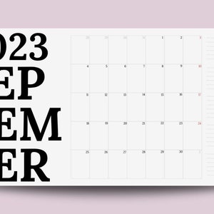 Puede incluir: Un calendario minimalista de septiembre de 2023 en blanco y negro. La palabra "2023" está apilada encima de "SEP TEM BRE" en una fuente en negrita sin serifa. La cuadrícula del calendario está a la derecha, con fechas numeradas y una sección con líneas para notas.