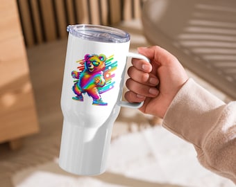 Travel mug with a handle and with a image of a colorful bear