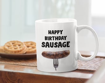 Sausage Birthday Mug, Quirky Celebration Cup, Fork & Sausage Design, Unique Birthday Gift