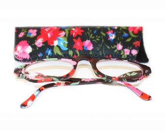 Reading Glasses Black Pink Flowers with matching case +1.00 +2.00 +2.50