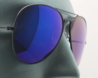 Mirror Deep Blue Lens Metal Black Frame Classic Aviator Sunglasses Sun Shades