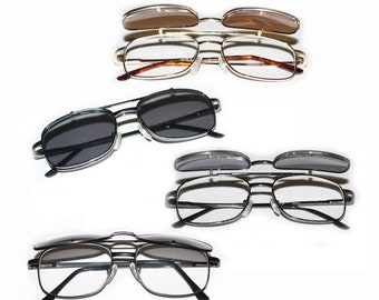 Flip Up Lesebrille Sonnenbrille Doppel-Steg-Rahmen Schwarz Gold Silber Grau +1,50 bis +3,75 Stärken