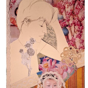 Disegno- collage con carta e tessuto su cartoncino  " Martino "
