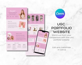 May include: A pink and white website template for a UGC creator. The template features a photo of a woman, text that says "Sarah! Your UGC Creator", and a section titled "What is UGC?" with a percentage breakdown of why UGC is important. The template is designed to be used with Canva.