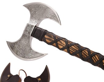 Viking Odin's Double Head Viking Axe - Hand Forged Carbon Steel Twin-Blade Berserker Axe with Ash Wood Handle -  Dane Costume Prop & Gifts