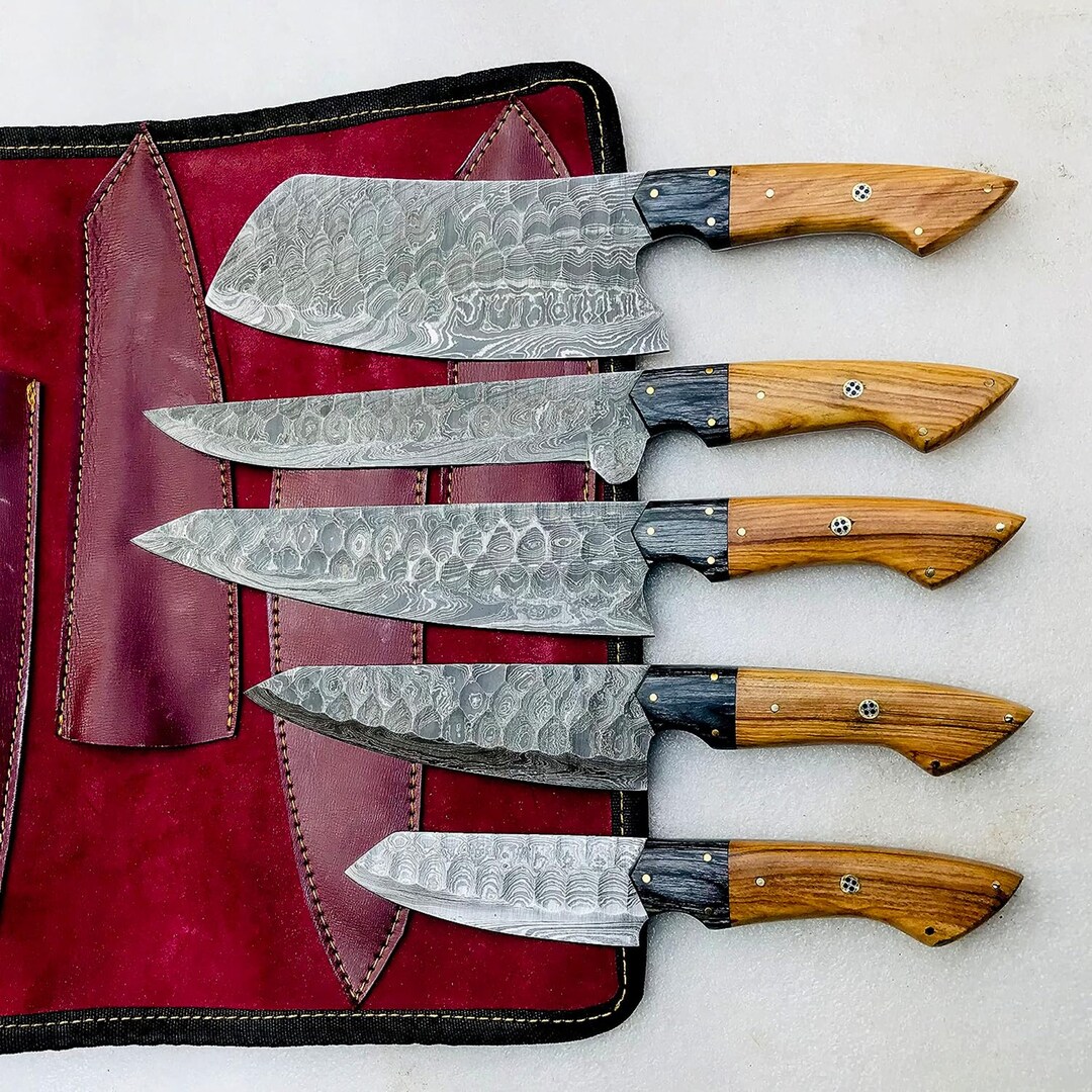 Damascus Kitchen Knife Set With Olive Wood Handle, Utility Chef Kitchen