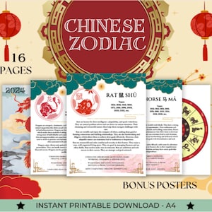 Zodíaco Chinês e Calendário 12 signos Livreto. Bônus 2024 ANO DO DRAGÃO Pôsteres Download Digital Informações astrológicas. Horóscopo Chinês.