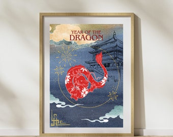 Väggkonstdekoration med drakens år, kinesisk astrologi, omedelbar nedladdning. Digitala tryck med kinesiskt horoskop. Gott nytt månår.