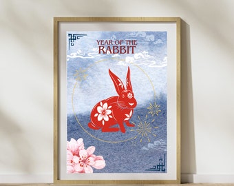 Year of The Rabbit Wall Art Decor Poster, Chinese Astrology, Instant download. Chinese Horoscope Digital Prints. Happy Lunar New Year.
