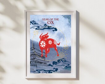 Jaar van de os Wall Art decor poster, Chinese astrologie, instant download. Chinese horoscoop digitale afdrukken. Gelukkig maannieuwjaar.