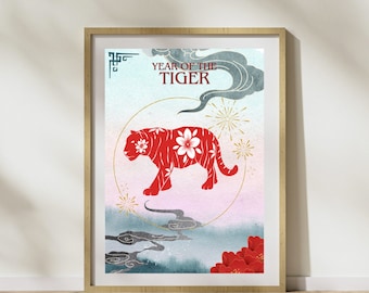 Póster decorativo del Año del Tigre, astrología china, descarga instantánea. Impresiones digitales del horóscopo chino. ¡Feliz Año Nuevo Lunar!