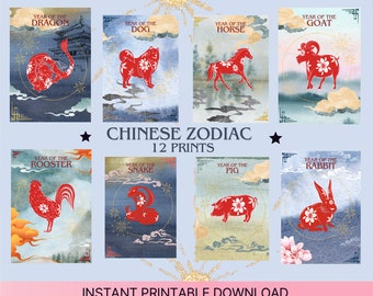 Prints van de Chinese dierenriem | 12 posters | Shengxiao, Chinese astrologie. Spirituele geschenken, Nieuwjaar, digitale download, printables. Jaar van de Slang.