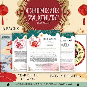 May include: A 16-page Chinese Zodiac booklet featuring A4 printable pages. The cover displays the title in a circular frame with red lanterns. Interior pages show animal illustrations, years, and descriptions for signs like Rat and Horse.