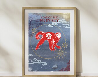 Year of The Monkey Wall Art Decor Poster, Chinese Astrology, Instant download. Chinese Horoscope Digital Prints. Happy Lunar New Year.