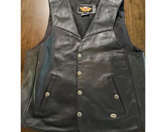 Vintage 1990s Harley Davidson Mens Black Leather Biker Vest Made in USA Large