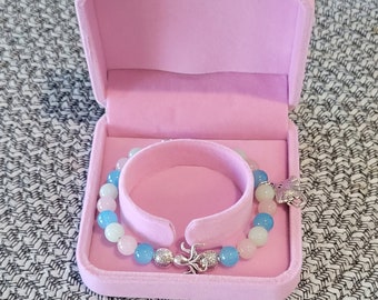 Chalcedony Bead Bracelet, Silver Manta Ray, Octopus Charm
