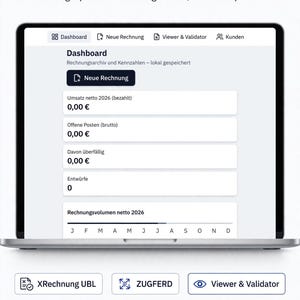 Könnte beinhalten: Ein Laptop-Bildschirm zeigt eine Rechnungssoftware mit einem Dashboard für Finanzdaten. Der Text umfasst E-RECHNUNG SOFTWARE OHNE MONATS-ABO, XRECHNUNG UBL, ZUGFERD, Viewer & Validator sowie Kein Abo, Kein Cloud Zwang, DSGVO konform und Einmalig zahlen.