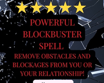 May include: A black and red graphic with five yellow stars at the top. The text reads "POWERFUL BLOCKBUSTER SPELL REMOVE OBSTACLES AND BLOCKAGES FROM YOU OR YOUR RELATIONSHIP! BY MARIATHEMYSTIC".