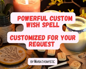 Pode incluir: Esta imagem apresenta uma vela acesa, runas e um porta-copos com um desenho de mão. O texto na imagem diz "POWERFUL CUSTOM WISH SPELL CUSTOMIZED FOR YOUR REQUEST" e "BY MARIATHEMYSTIC". A imagem tem um tema místico.