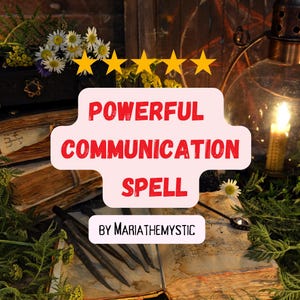 以下が含まれることがあります： 古い本、ろうそくのランタン、花を背景に、「POWERFUL COMMUNICATION SPELL BY MARIATHEMYSTIC」というテキストが書かれたピンクと白のグラフィックです。