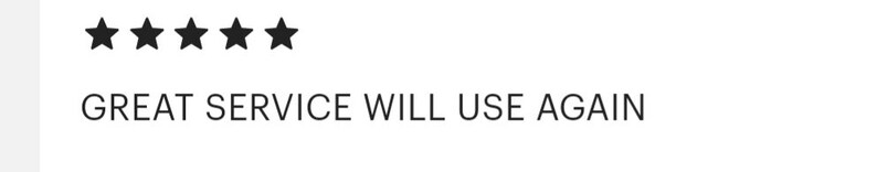 以下が含まれることがあります： 「GREAT SERVICE WILL USE AGAIN」というテキストとともに、星5つの評価が表示されています。