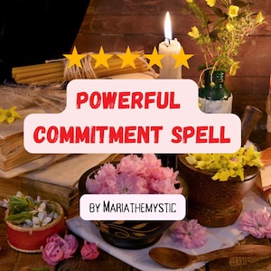 Puede incluir: Un arreglo floral rosa y blanco con un mortero y maja de madera, una vela encendida y un libro con el texto "Powerful Commitment Spell by Mariathemystic".