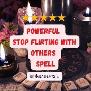 Może przedstawiać: Obraz z zapalonymi świecami, runami i dekoracyjnym czarnym talerzem z symbolami astronomicznymi. Tekst brzmi "POWERFUL STOP FLIRTING WITH OTHERS SPELL" i "BY MARIATHEMYSTIC". Tematyka mistyczna.