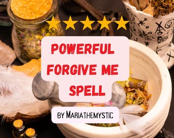 May include: A white ceramic mortar and pestle with dried herbs and a white feather inside. The mortar and pestle are on a dark brown surface. A pink and white sign reads "Powerful Forgive Me Spell by Mariathemystic".