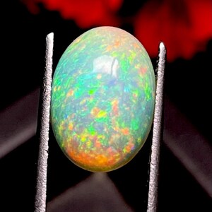 Puede incluir: Una piedra preciosa de ópalo cabujón de forma ovalada que muestra un vibrante juego de colores con destellos de verde neón, naranja, amarillo y azul sobre una base blanca translúcida, sostenida entre dos garras metálicas plateadas.