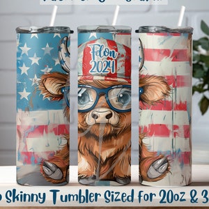 May include: Two skinny tumblers with a patriotic cow graphic. The cow is wearing a red, white, and blue hat with the text "Flon 2024". The tumblers are sized for 20oz and 30oz.