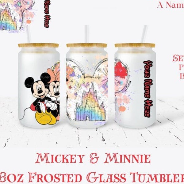 Personalized Iced Coffee Cup, Custom Glass with Lid and Straw - Mickey & Minnie 16oz Frosted Tumbler - Free Shipping!