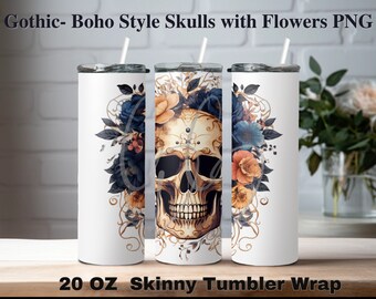 Crânes de style gothique bohème avec fleurs PNG pour sublimation. Gobelets, mugs, t-shirts, sacs, etc.