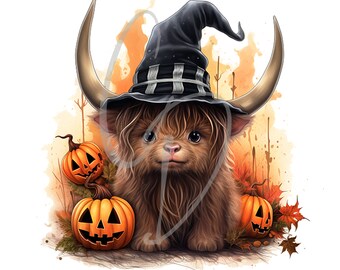 Highland Cow Halloween PNG – Witch Hat, Pumpkin, Sublimation Design (Digital Download)